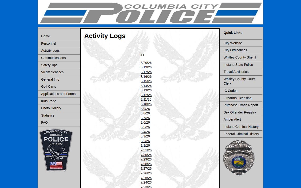 Columbia City Police official Activity Logs index