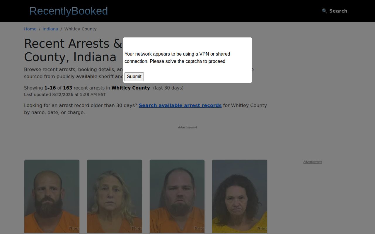Recently Booked unofficial Whitley County arrest news landing